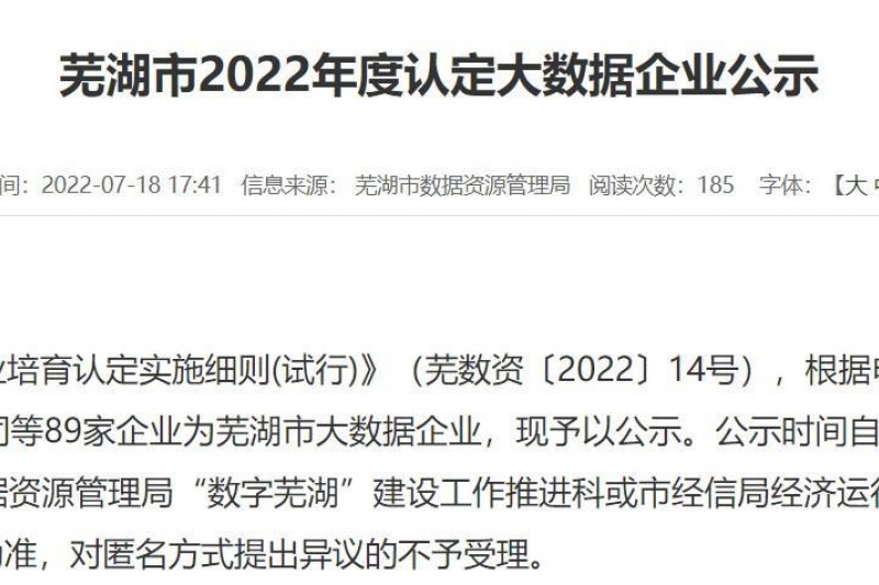 【安序头条】安序信息成功通过2022年度芜湖市大数据企业认定！